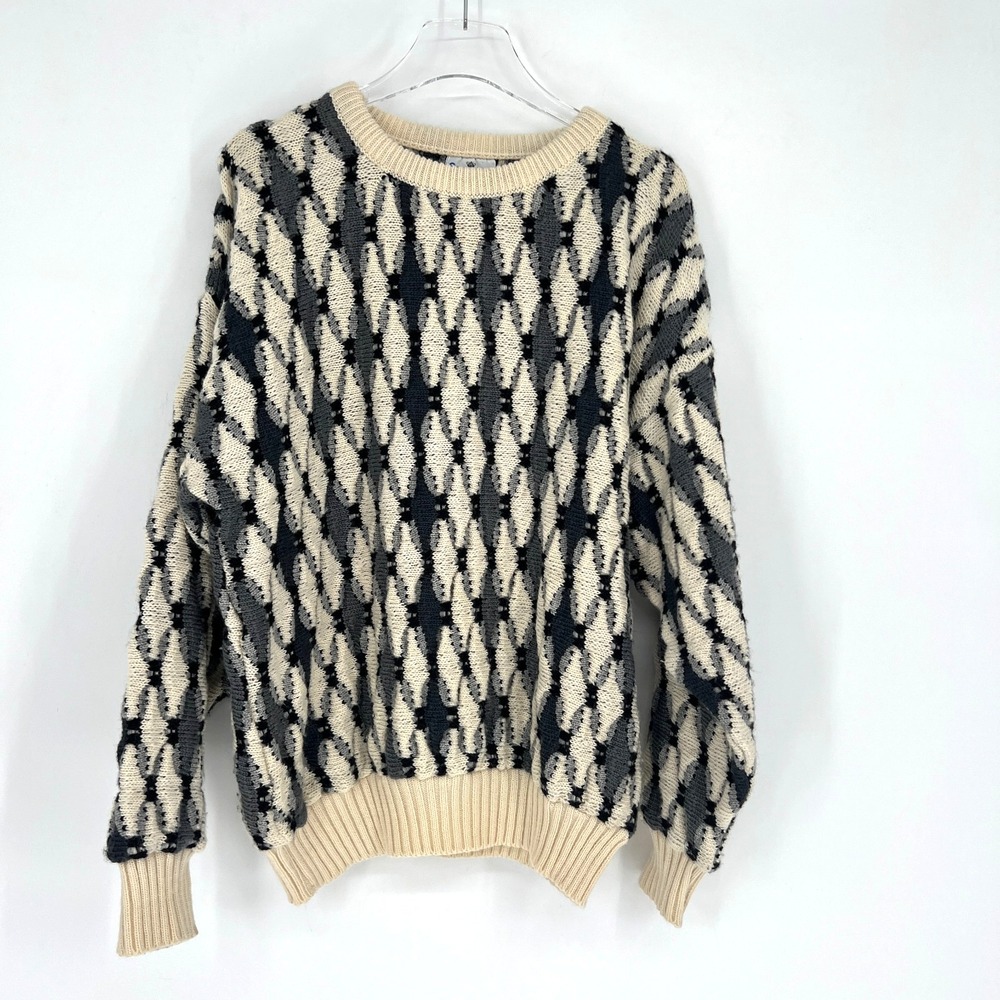 Vtg Sovrano Sweater Mens M 3D Knit Wool Australia Neutral Grandpa‎ 90s Geometric